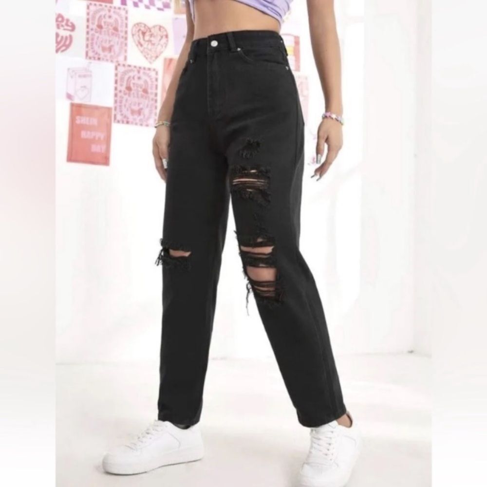 SHEIN High Waist Mom Jeans Women's Size S Black Distressed Ripped Grunge Goth